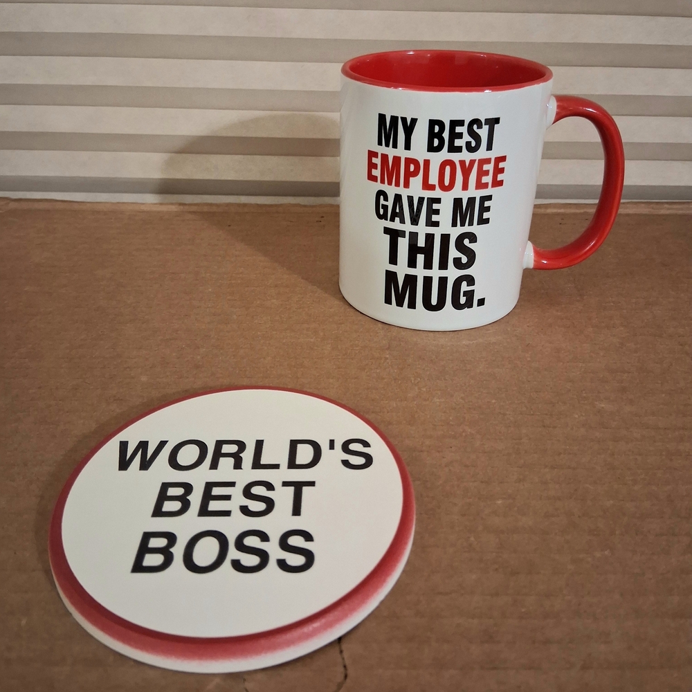 Red and White World's Best Boss Mug 11oz With Coaster